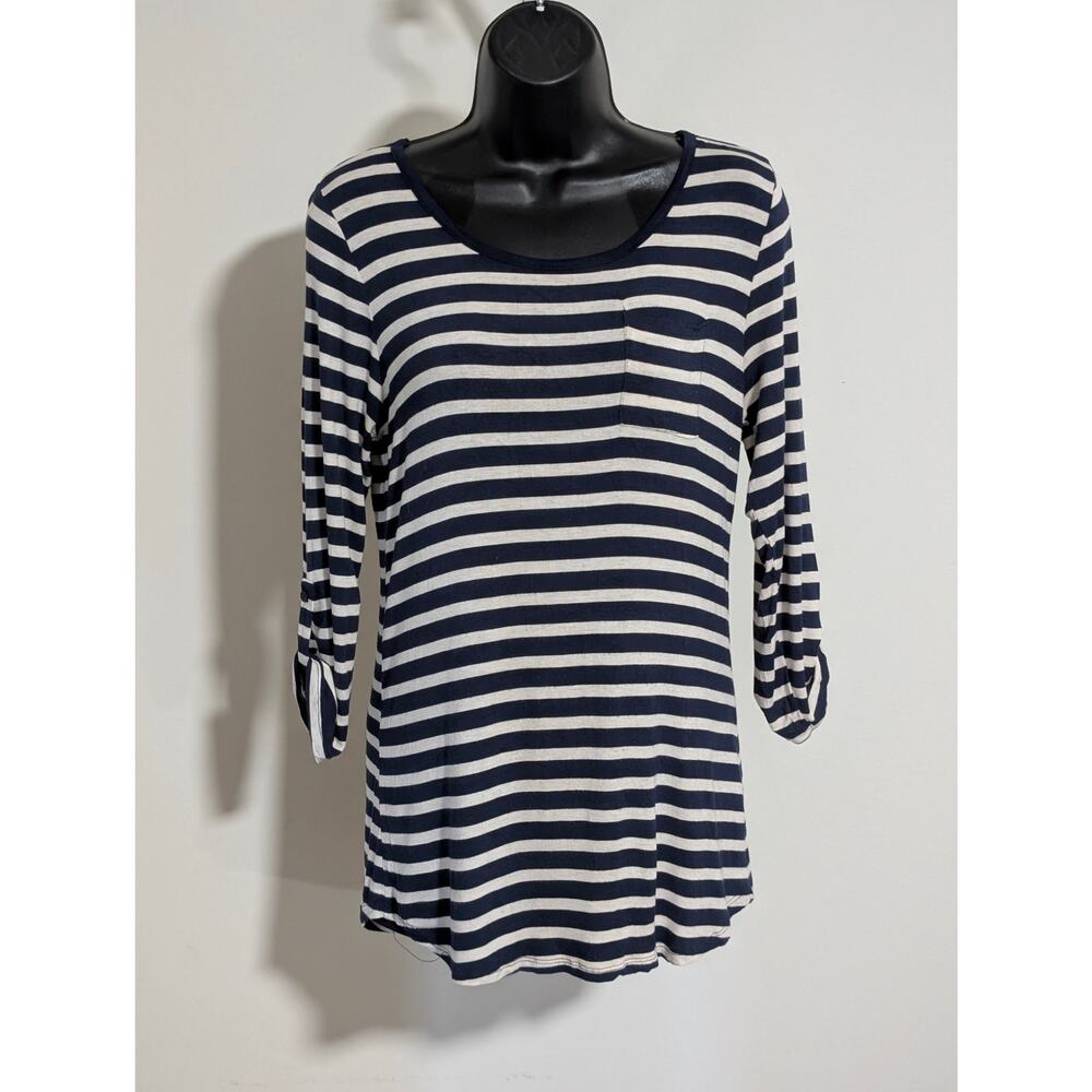 Pink Rose Navy Blue & White Striped 3/4 Button Tab Sleeve Shirt Blouse Medium